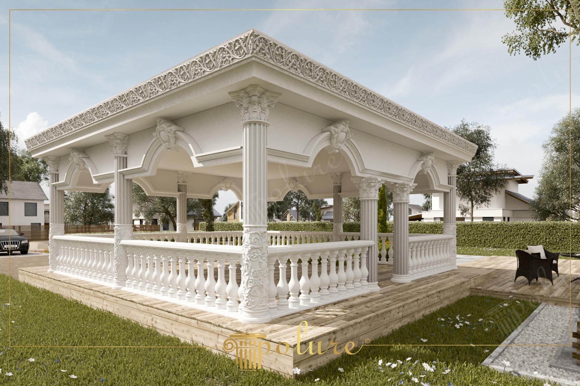 Foișor clasic alb din poliuretan cu balustrade decorative, coloane corintice și pardoseală din lemn în grădină