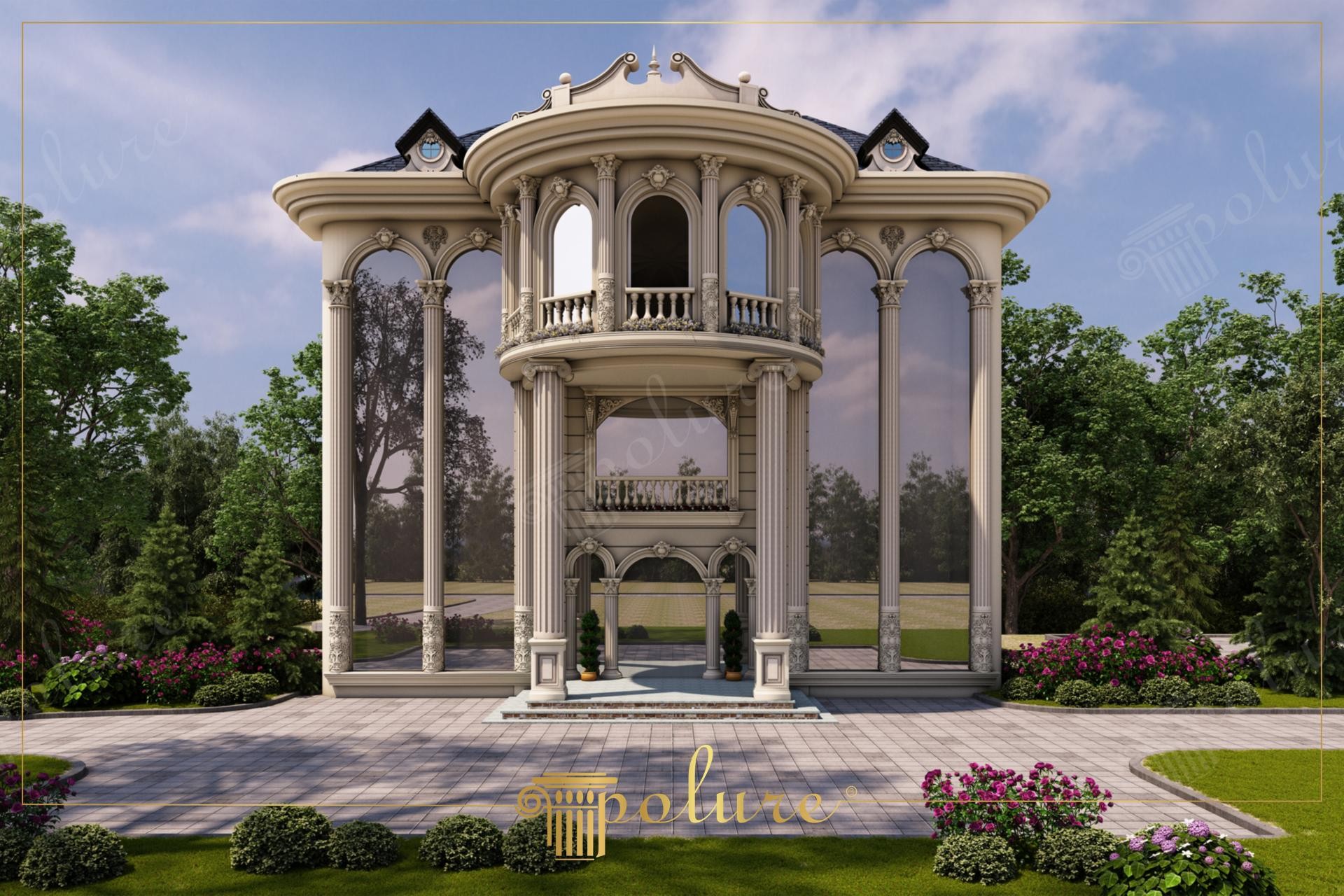 Fațadă de vilă clasică cu coloane din poliuretan, arcade sculptate, balustrade decorative și geamuri mari cu reflexie
