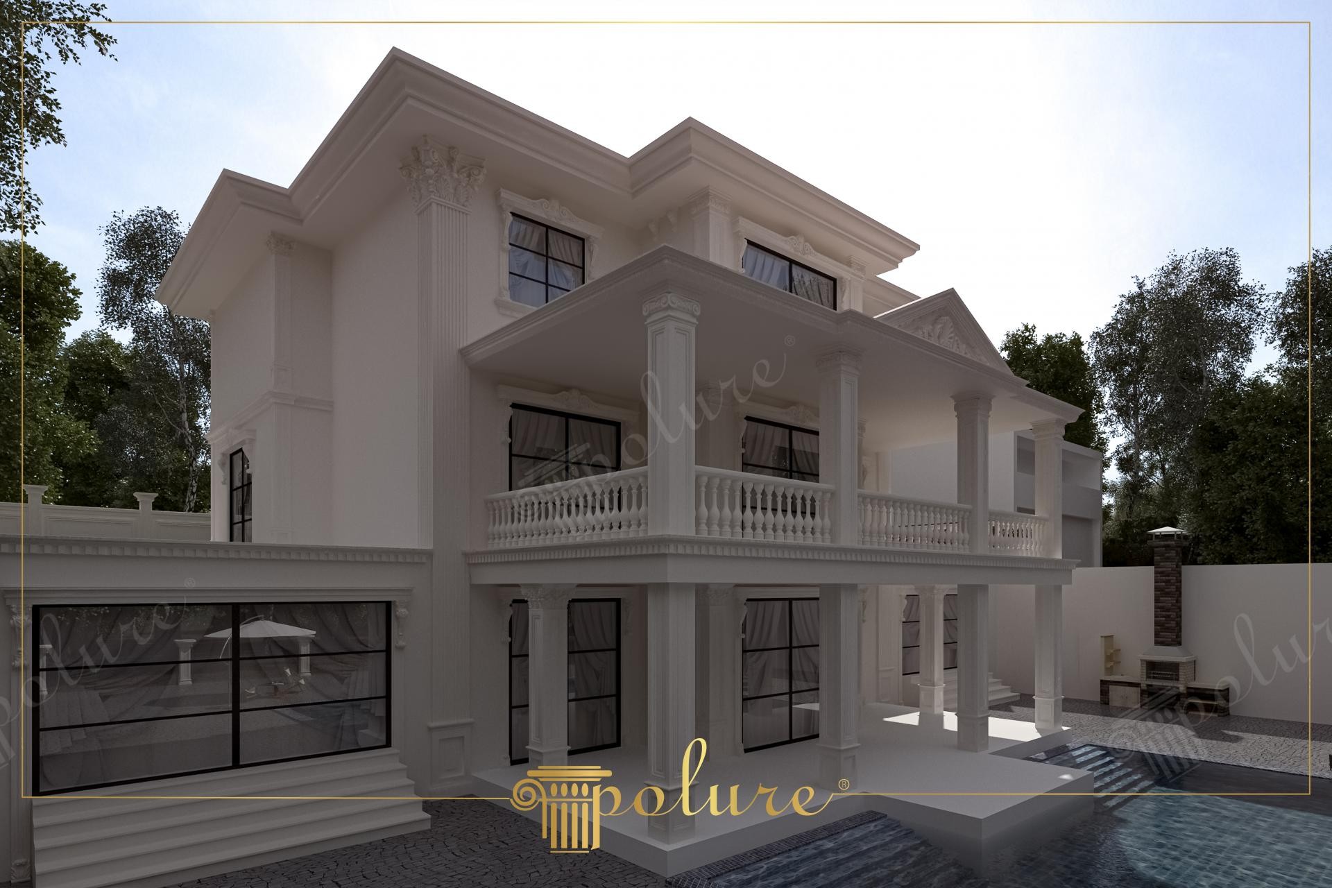 Fațadă albă de vilă clasică decorată cu coloane din poliuretan, balustrade la balcon și ancadramente geam.