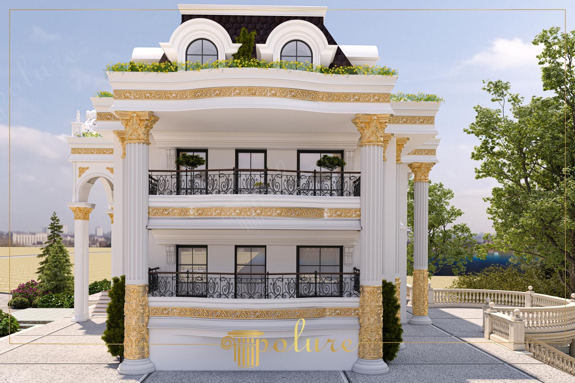 Fațadă albă de vilă neoclasică decorată cu coloane din poliuretan, detalii aurii și balaustradă la balcon.