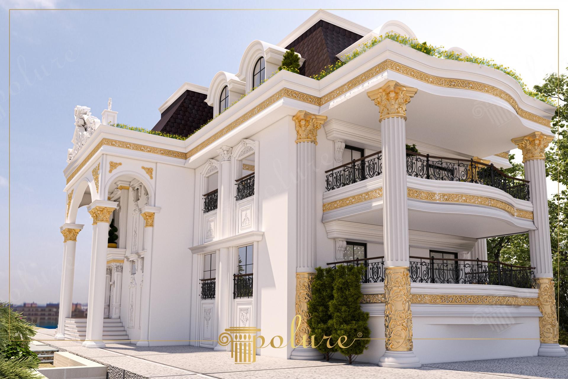 Fațadă albă de vilă clasică decorată cu coloane din poliuretan, capiteluri aurii, balcoane și ancadramente decorative.