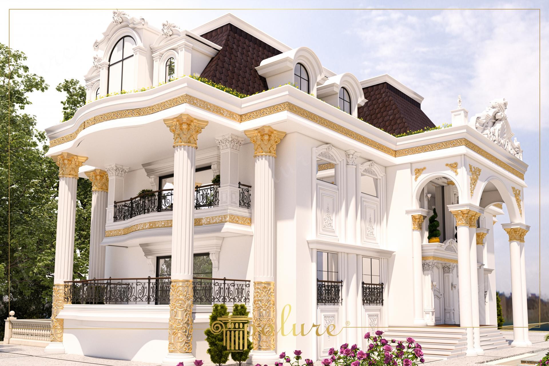 Fațadă albă de vilă cu trei niveluri, coloane din poliuretan P5560 și detaliu de accent aurit la exterior.
