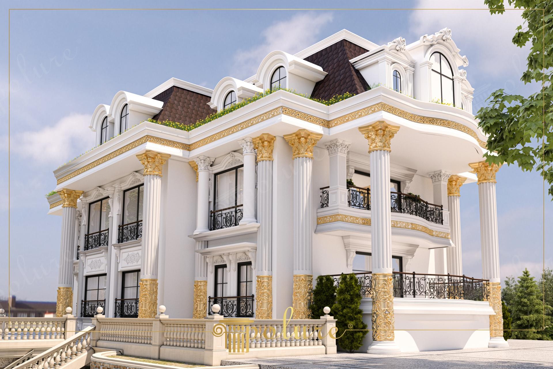 Fațadă albă de vilă clasică decorată cu coloane din poliuretan, ornamente aurii și balustrade elegante.