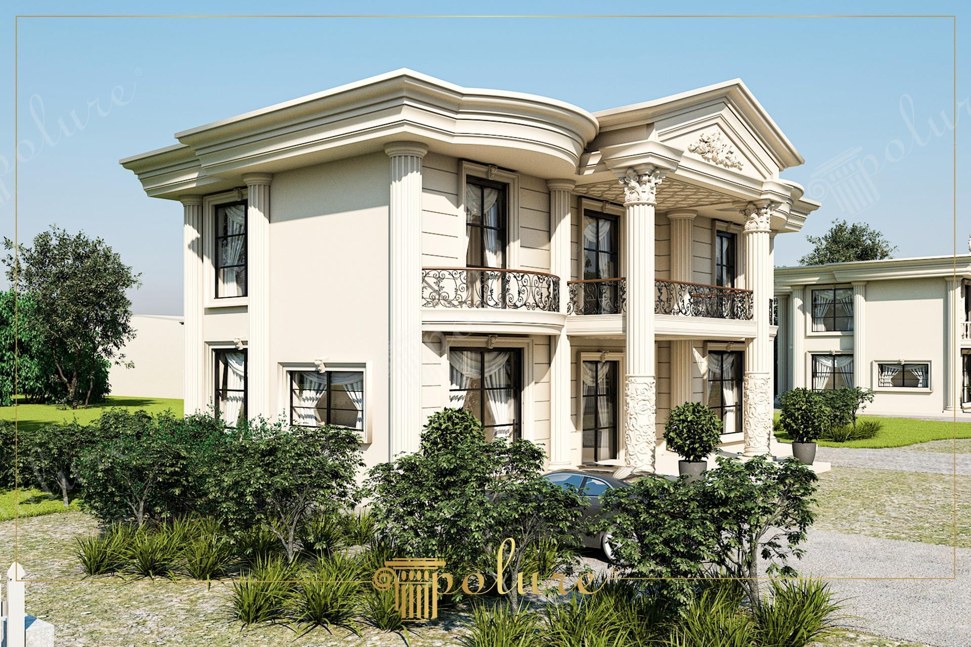 Fațadă de vilă clasică cu coloane din poliuretan, ancadramente ferestre și balcoane decorate cu profilaturi decorative.