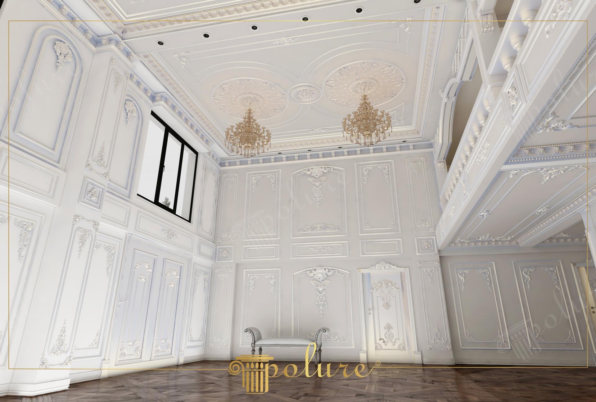 Decor clasic de perete și tavan înalt realizat cu profile din poliuretan, pilaștri ornamentali și rozete decorative.