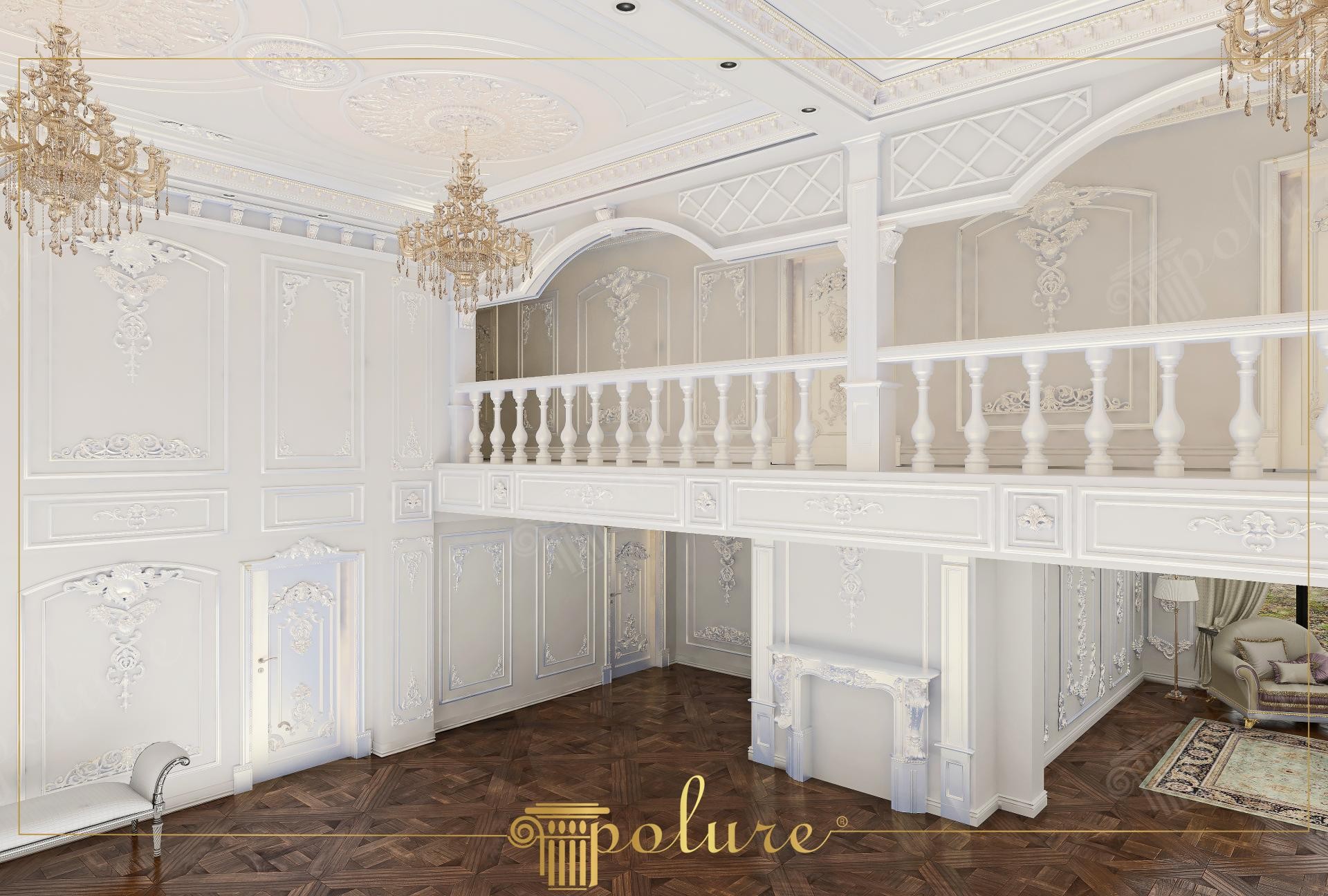 Interior clasic de vilă cu galerie pe două niveluri, decorat cu pilatri și panouri din poliuretan alb.