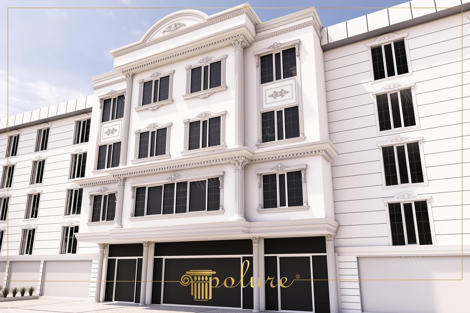 Fațadă clasică de clădire cu profiluri decorative din poliuretan albe, pilastri și ancadramente pe fond alb.