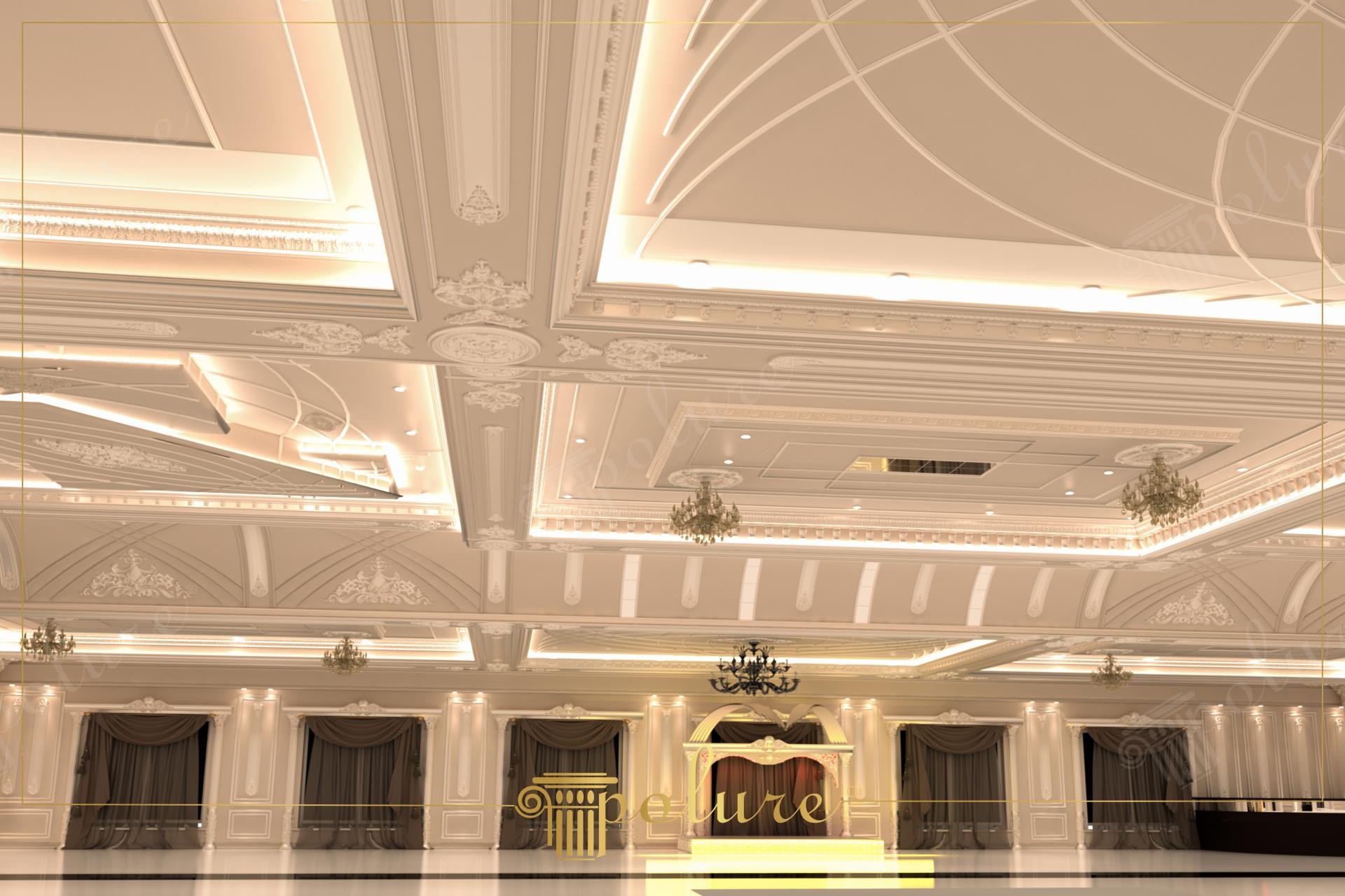 Decor de tavan casetat și stucaturi clasice din poliuretan cu coloane în sala de evenimente festive Decorativex