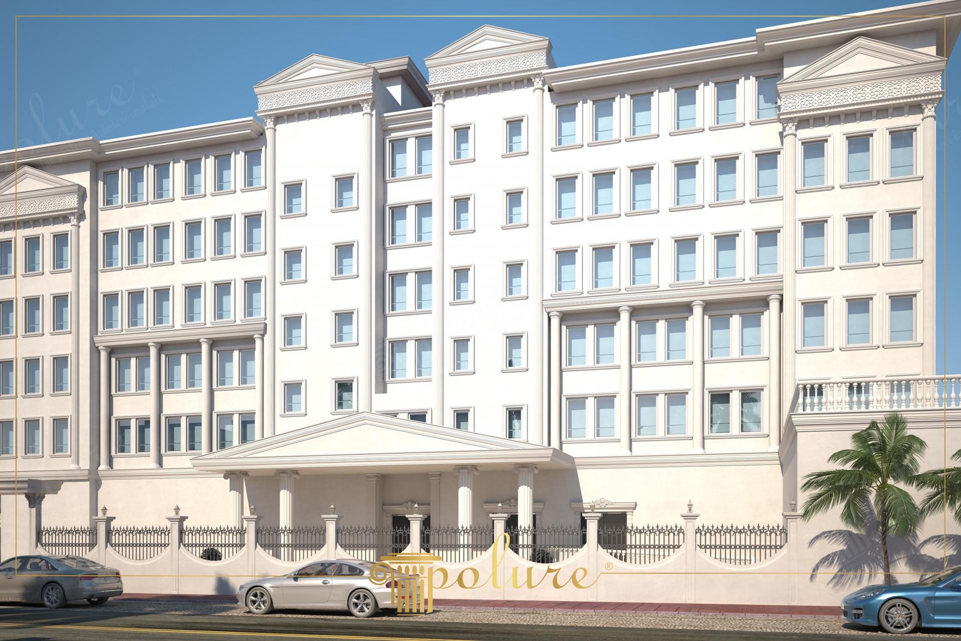 Fațadă clasică de clădire comercială decorată cu coloane, frontoane și ancadramente din poliuretan alb.