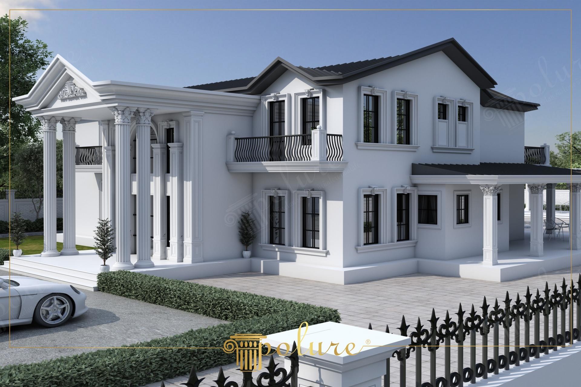 Fațadă albă de vilă clasică cu coloane corintice și ancadramente decorative din poliuretan la ferestre.