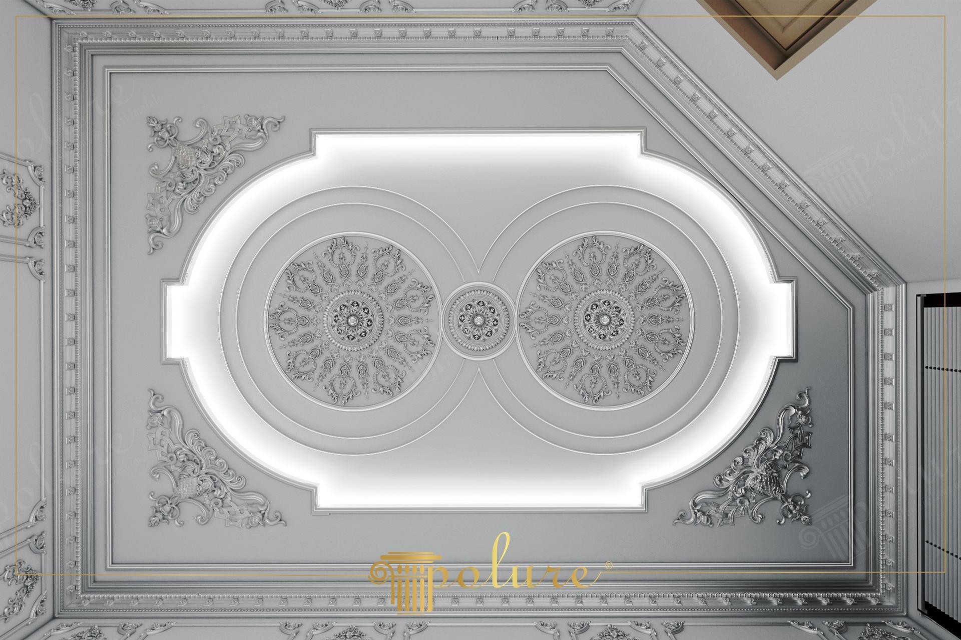 Plafon decorativ neoclasic din poliuretan gri cu două rozete centrale, scafă pentru iluminat indirect LED și baghete.