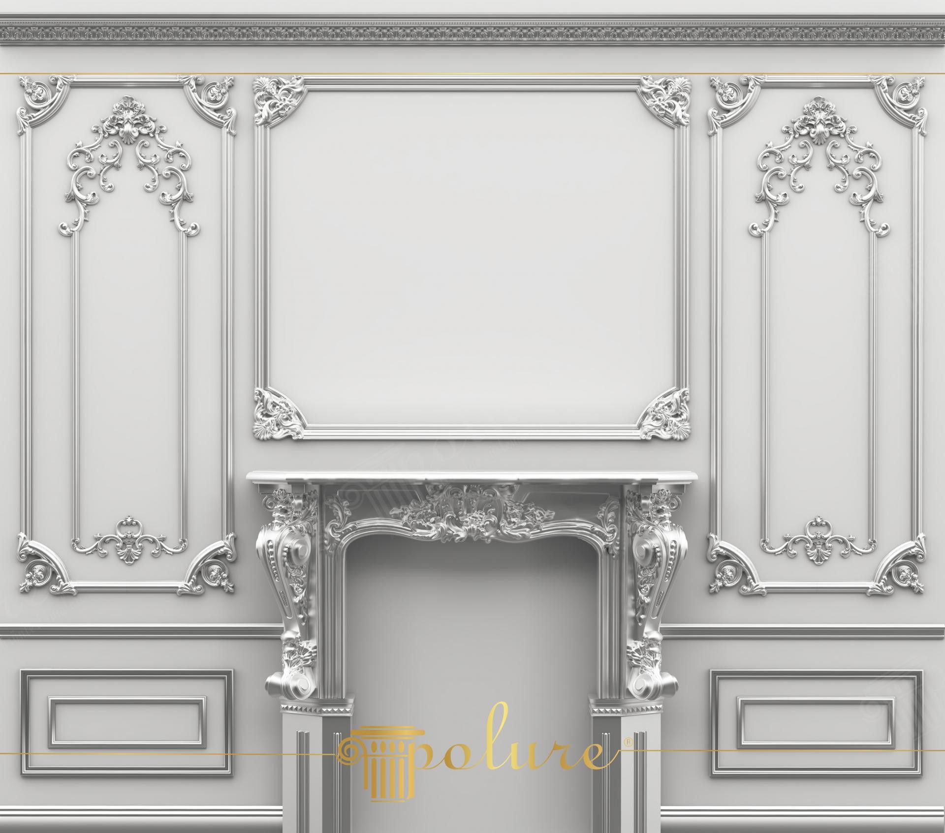 Perete gri decorat cu poliuretan șemineu P8401, chenare dreptunghiulare P85002 și ornamente filigranate P80115.