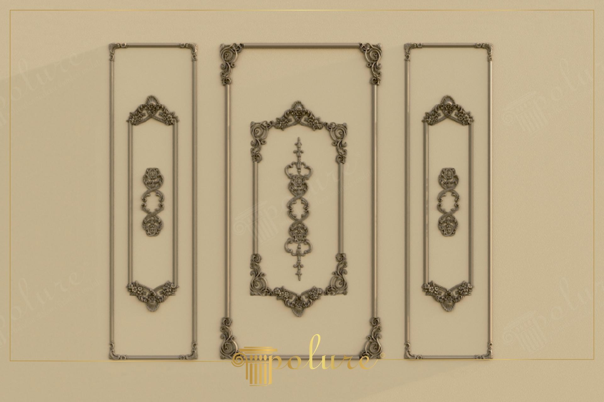 Ancadramente decorative din poliuretan pe perete bej în stil clasic simetric cu profile P85002 și ornamente reliefate.