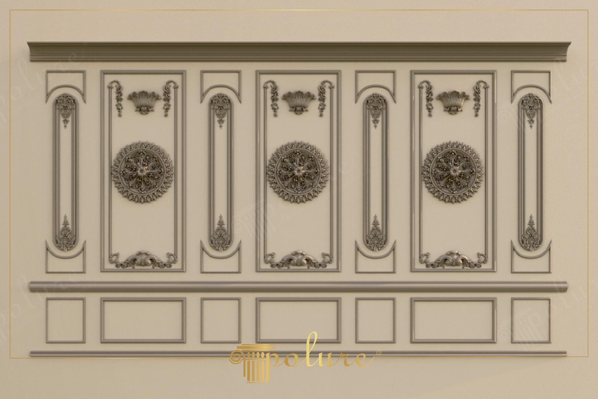 Panouri din poliuretan cu profile decorative și medalioane sculptate în stil clasic pentru pereți interiori