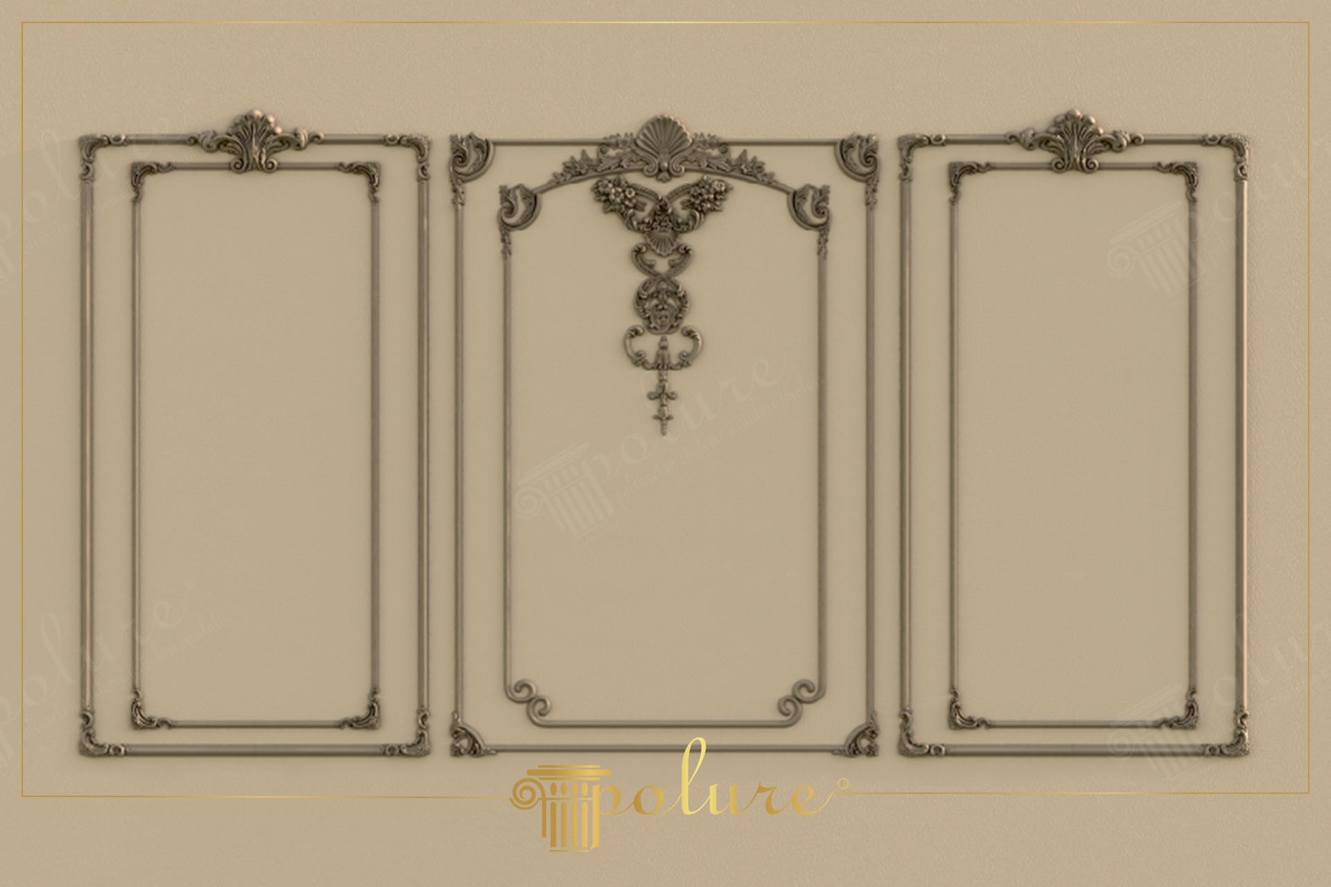 Panouri decorative din poliuretan pe perete bej cu profilat simetric și ornamente sculptate clasice