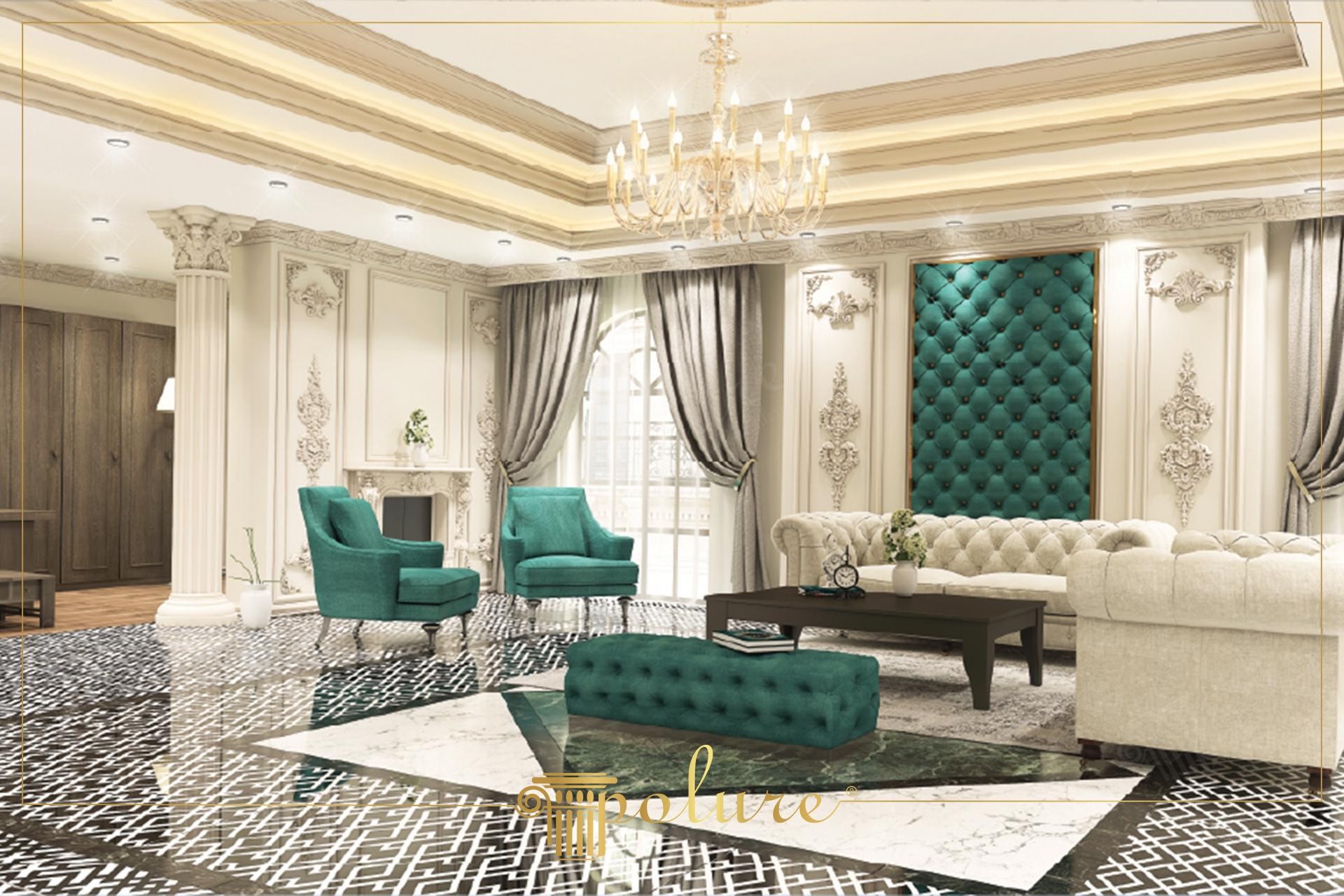 Amenajare salon clasic cu coloane din poliuretan P5840, panou verde smarald și ornamente murale P8026.