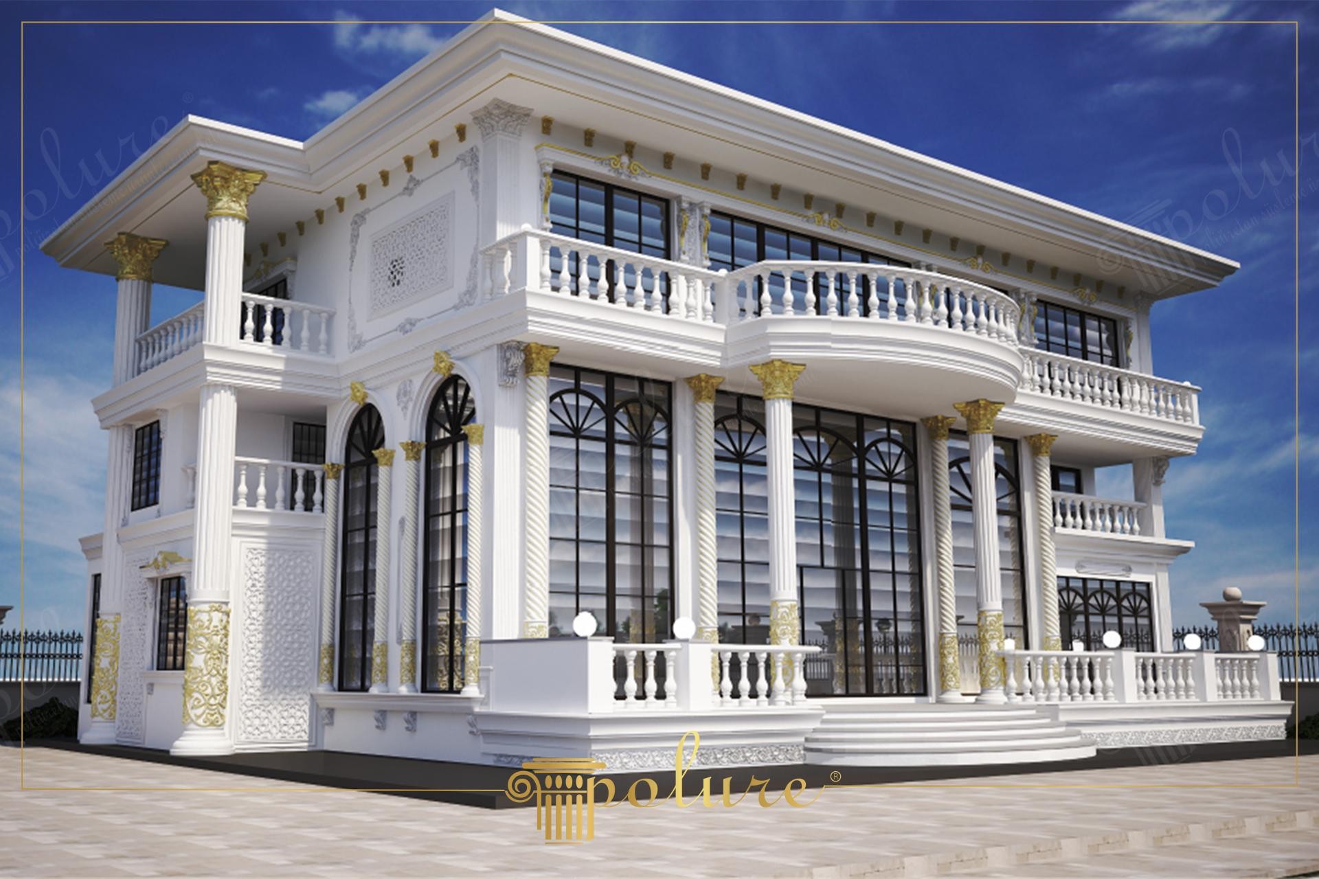 Fațadă albă de vilă clasică decorată cu coloane din poliuretan, capiteluri aurii și balustrade elegante.