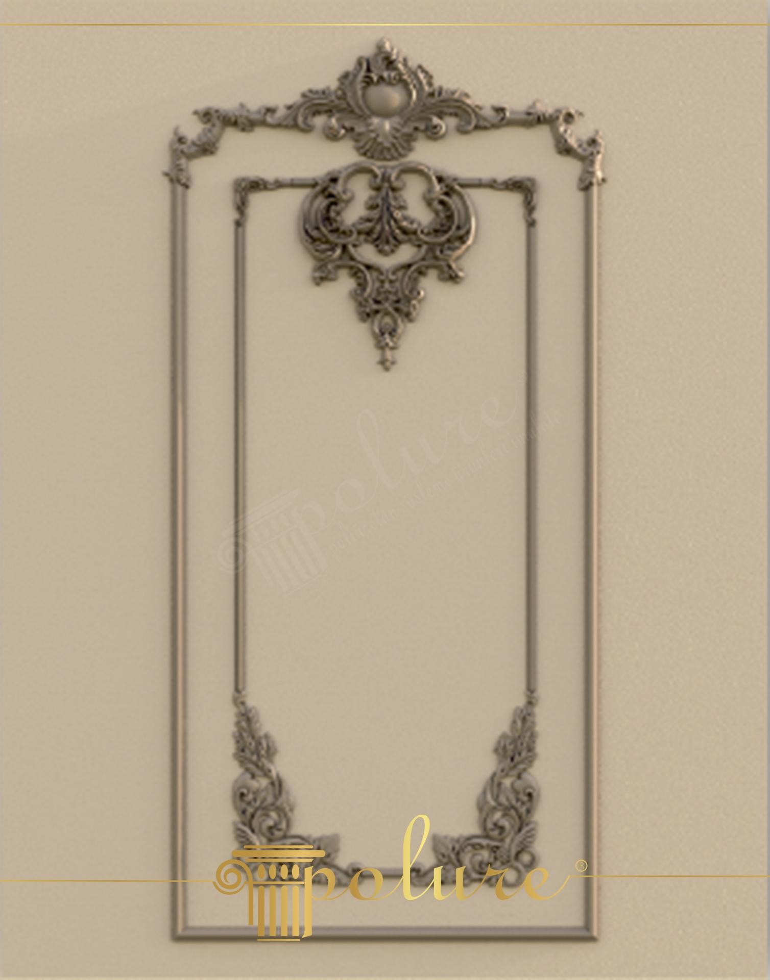 Panou decorativ de perete din poliuretan cu profil P85008, coltare ornamentale P8090 si coroana superioara P80112.