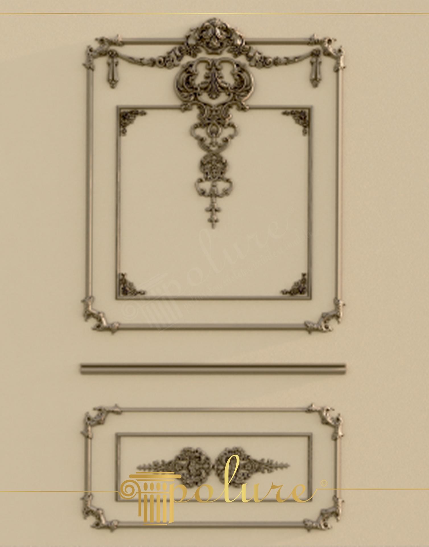 Compoziție simetrică de perete realizată din profile din poliuretan P85008 și ornamente sculptate P8088.