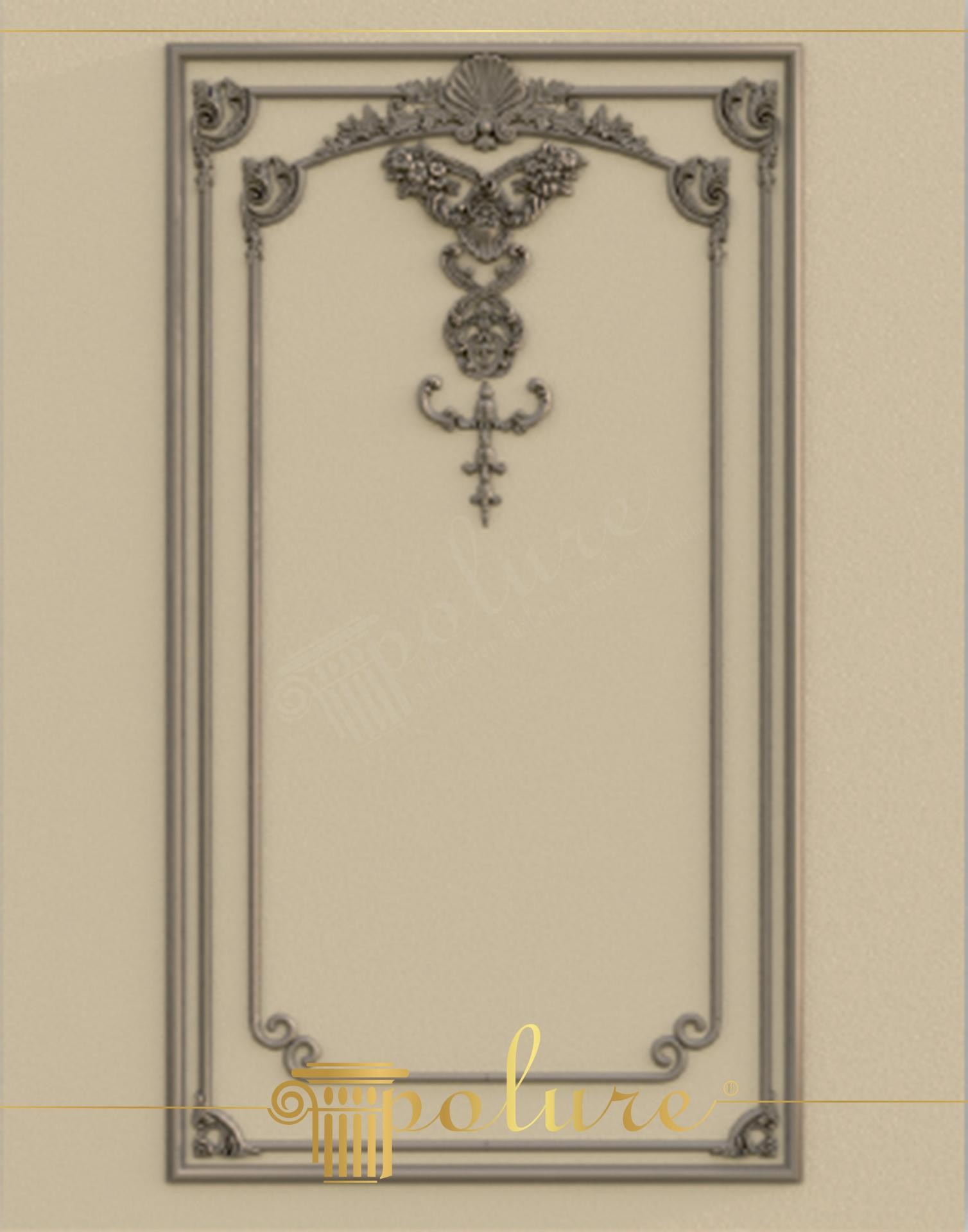Ancadrament decorativ din poliuretan gri pe fundal bej cu motive clasice P85002 și ornament central P8088B.