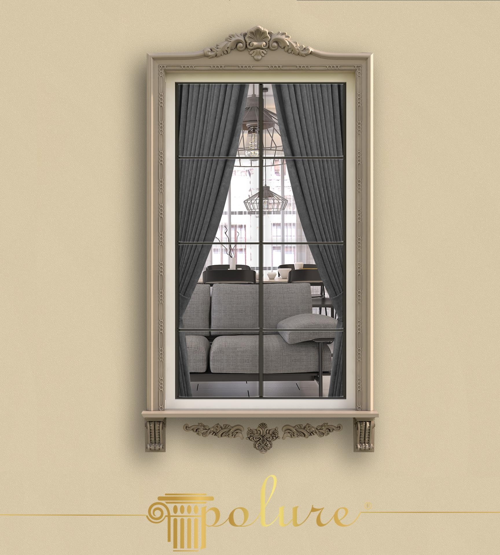 Ancadrament fereastra din poliuretan cu fronton decorativ P215A si console P6006 pe perete bej