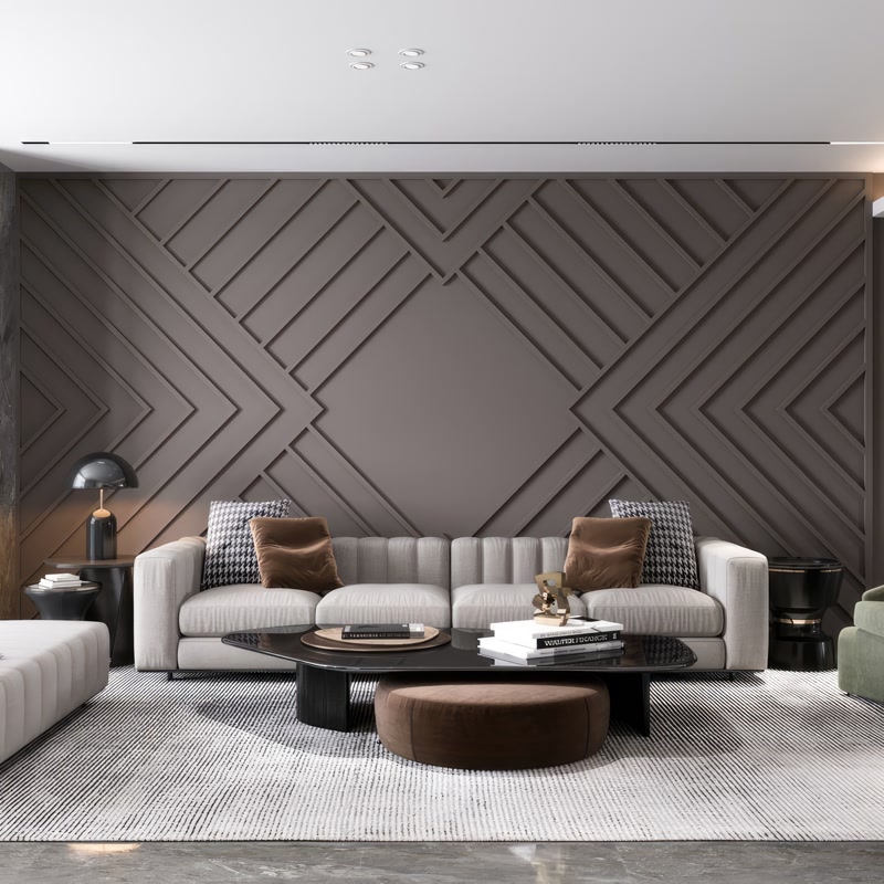 Perete accent modern decorat cu profil din poliuretan P851350 în formă geometrică într-un living elegant.