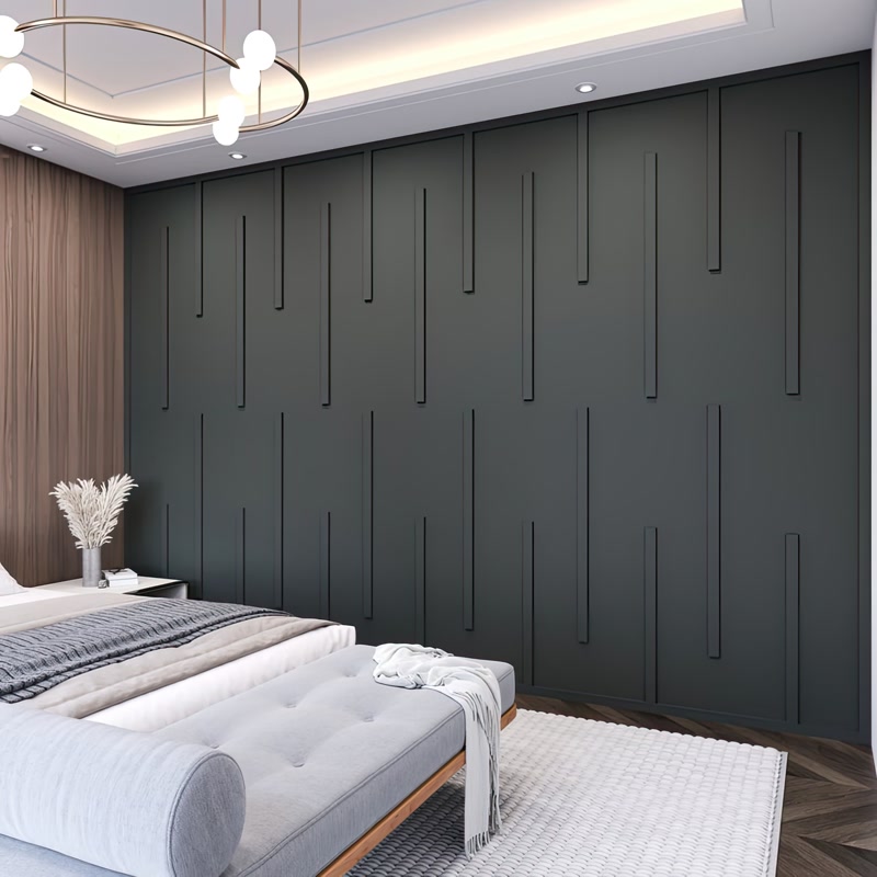 Perete accent antracit în dormitor modern decorat cu profil din poliuretan P851350 montat în linii verticale asimetrice.