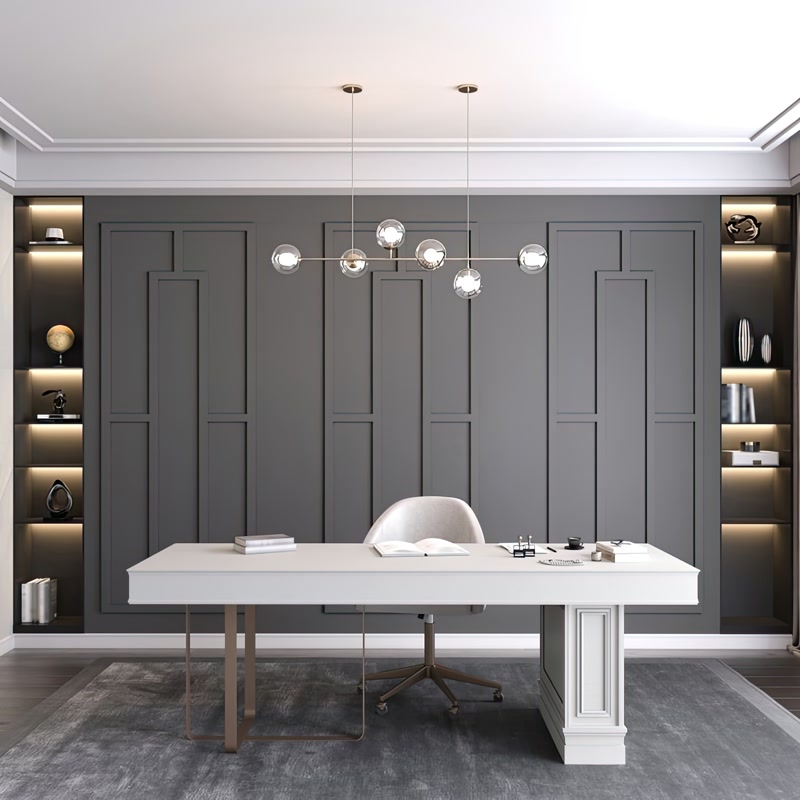 Perete accent antracit cu profile din poliuretan P851350 și birou alb modern într-un spațiu de lucru elegant.