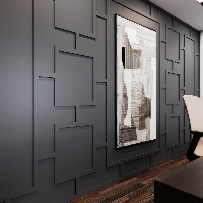 Perete decorat cu profile din poliuretan P851350 în caroiaj geometric antrasit și tablou abstract vertical.
