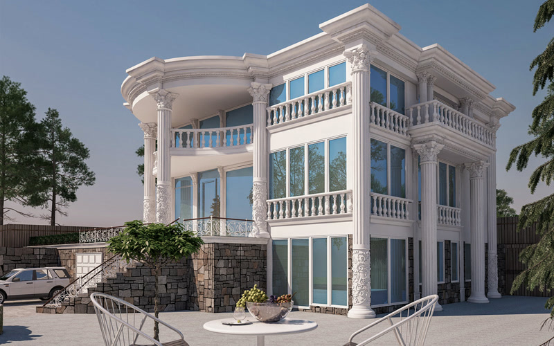 Fațadă clasică albă de vilă cu trei niveluri decorată cu coloane decorative din poliuretan și balustrade