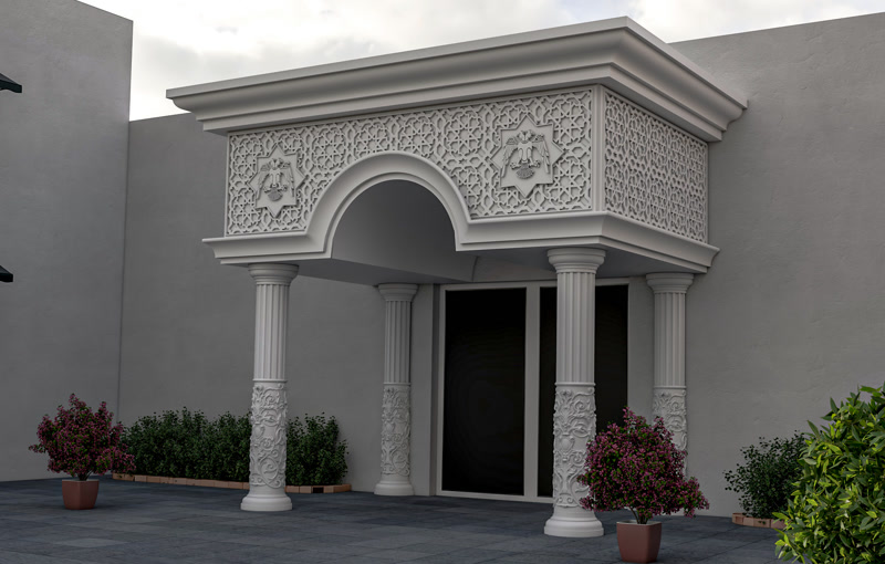Portic de intrare din poliuretan cu coloane sculptate, arcada ornamentala si panouri geometrice clasice