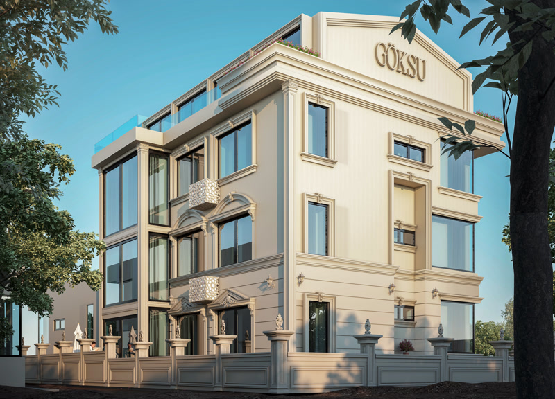 Fațadă de vilă clasică decorată cu ancadramente din poliuretan, pilatri verticali și ancadramente decorative alb-crem.