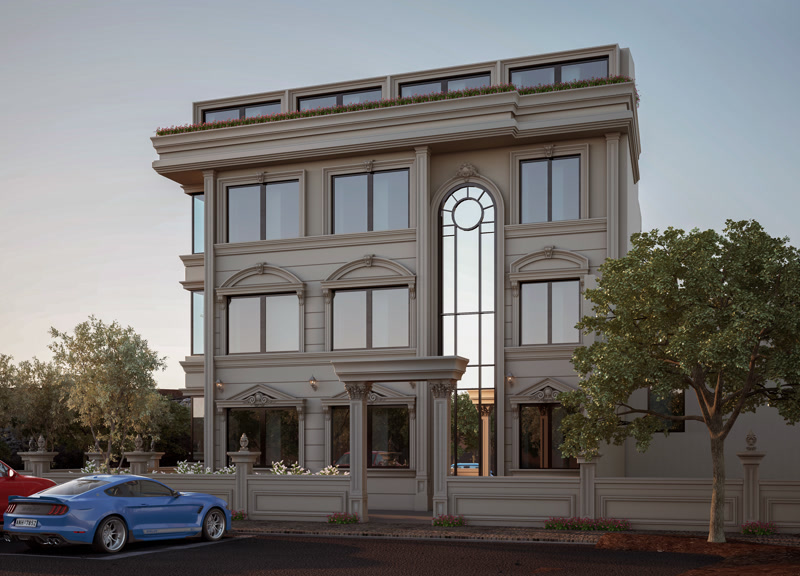 Fațadă rezidențială pe 3 niveluri decorată cu ancadramente din poliuretan, arc vertical central și coloane la intrare.