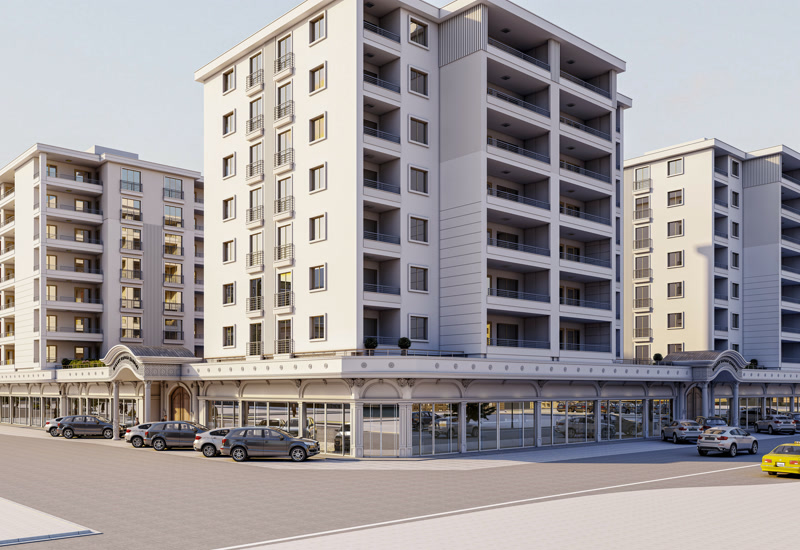 Fațadă de clădire comercială și rezidențială decorată cu profiluri, pilaștri și coloane alb-gri din poliuretan