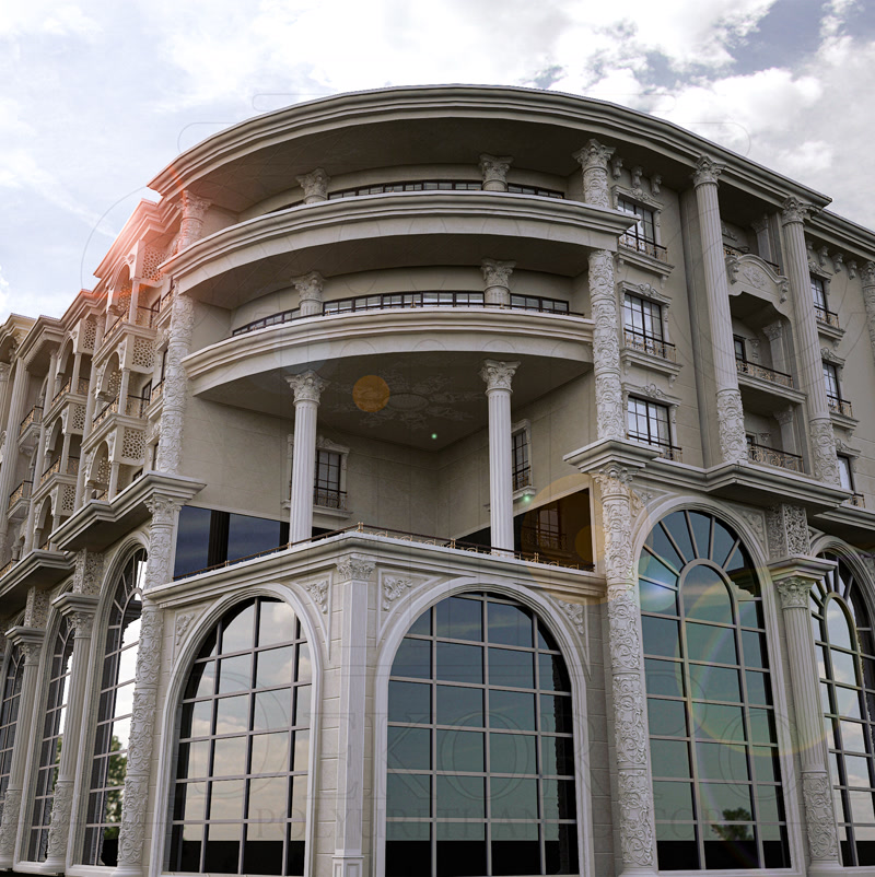 Fațadă monumentală cu coloane clasice din poliuretan, arcade mari sticlată și profilatură decorativă crem.