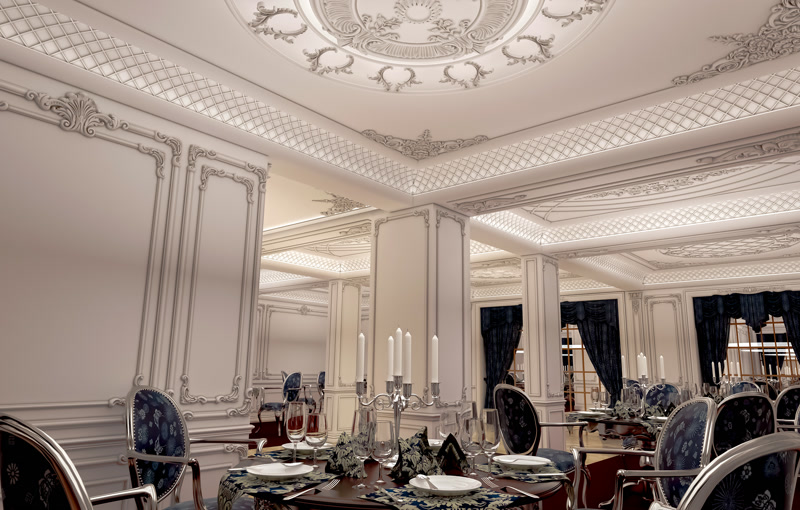 Decor interior clasic cu profile din poliuretan pe pereți, rozetă decorativă pe tavan și stâlpi placați.