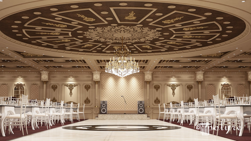 Sala de evenimente amenajata cu cupola din poliuretan, ornamente aurite pe plafon si panouri decorative pe pereti.
