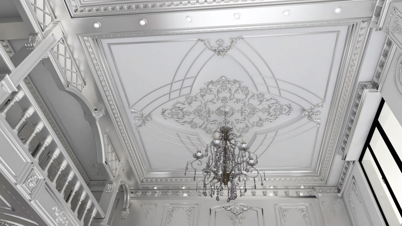 Plafon neoclasic decorat cu ornamente din poliuretan argintiu, profiluri elegante și candelabru clasic în centru.