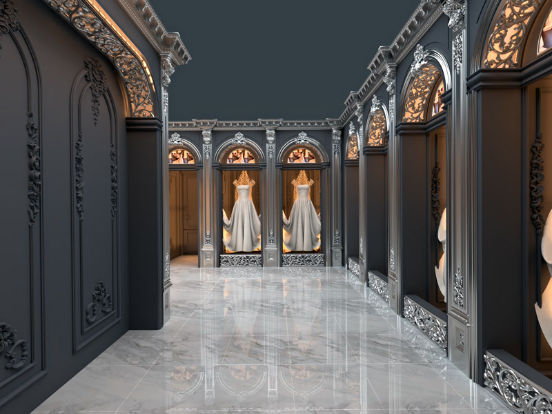 Spațiu comercial elegant cu panouri din poliuretan gri antracit, arcuri decorative argintii și pardoseală din marmură