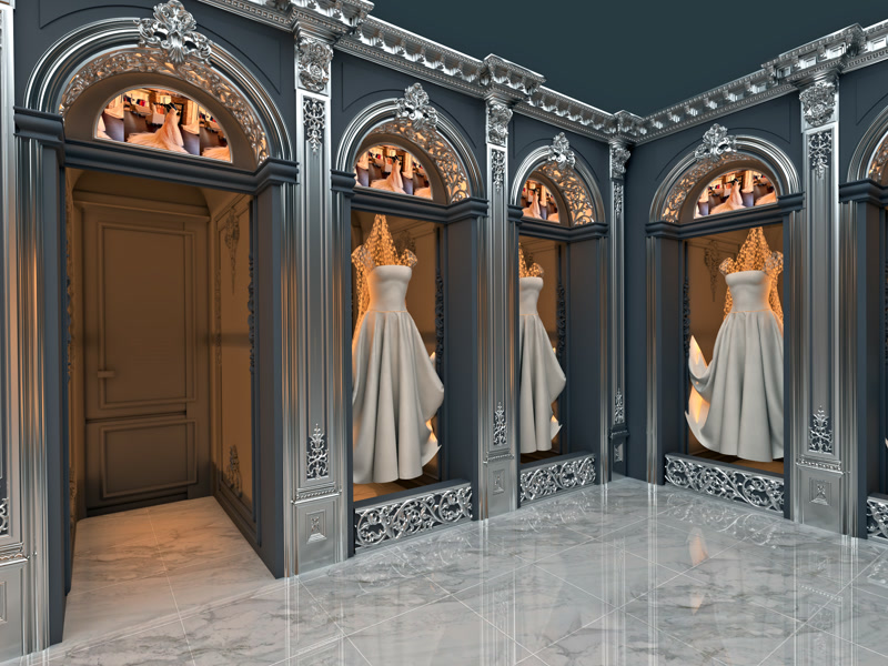 Vitrine de showroom cu ancadramente rotunjite din poliuretan argintiu, pilastri P5018 și pereți antracit mat.