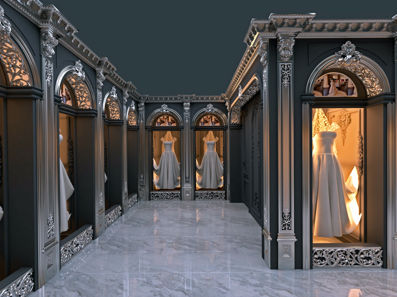 Showroom clasic reinterpreted cu nișe arcuite, pilatri din poliuretan argintii P5018 și perete antracit