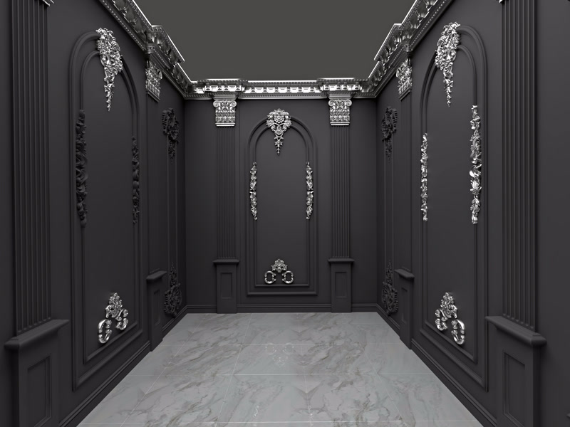 Perete interior decorat cu profile din poliuretan negre și ornamente argintii în stil neoclasic
