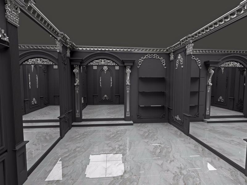 Interior de showroom cu profile din poliuretan negru, pilastri P5018, ornamente argintii și pardoseală din marmură.