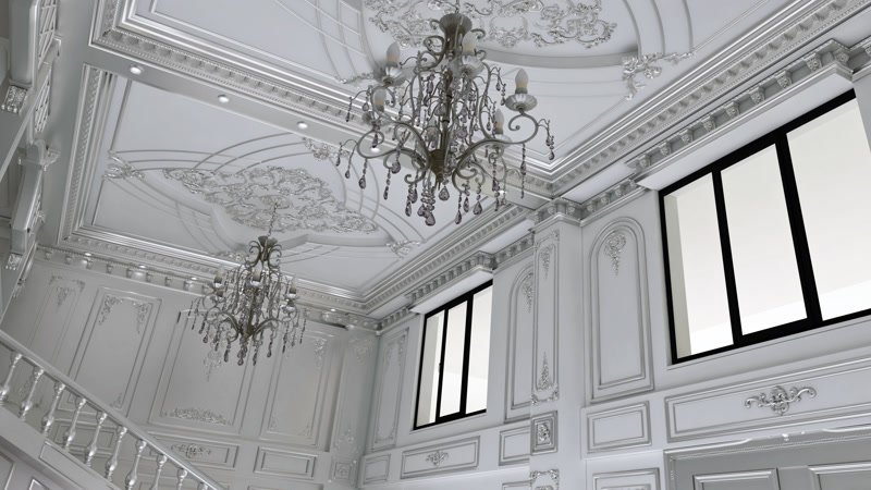 Decor interior neoclasic alb si argintiu cu cupola din poliuretan P441 si profile ornamentale pe pereti
