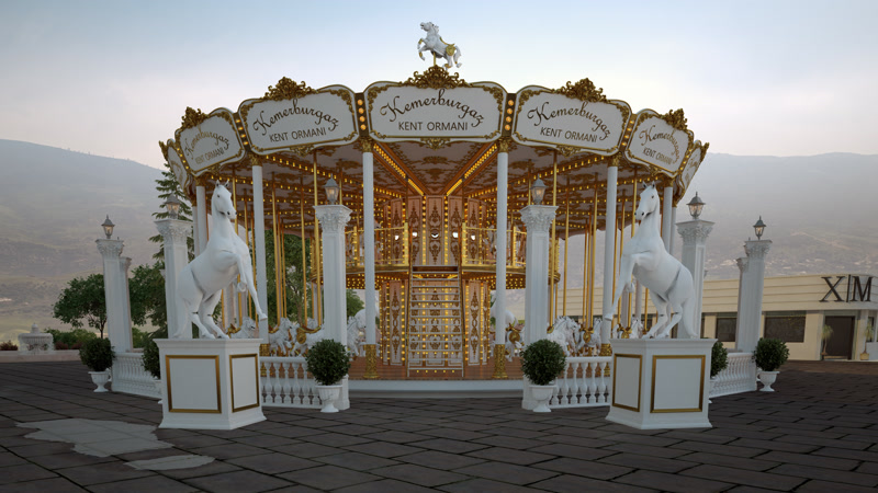 Pavilion circular clasic decorat cu coloane din poliuretan, pilastri albi și ornamente aurii pe fațadă exterior.