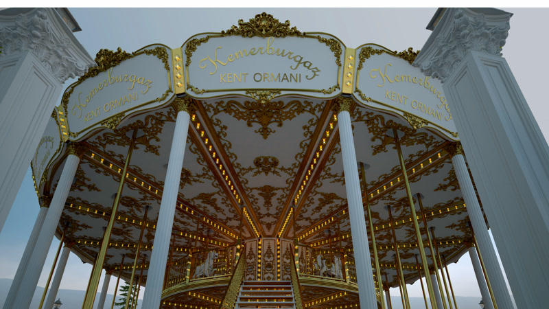Pavilion circular clasic cu coloane canelate alb-aurii și elemente decorative din poliuretan montate pe fațadă.