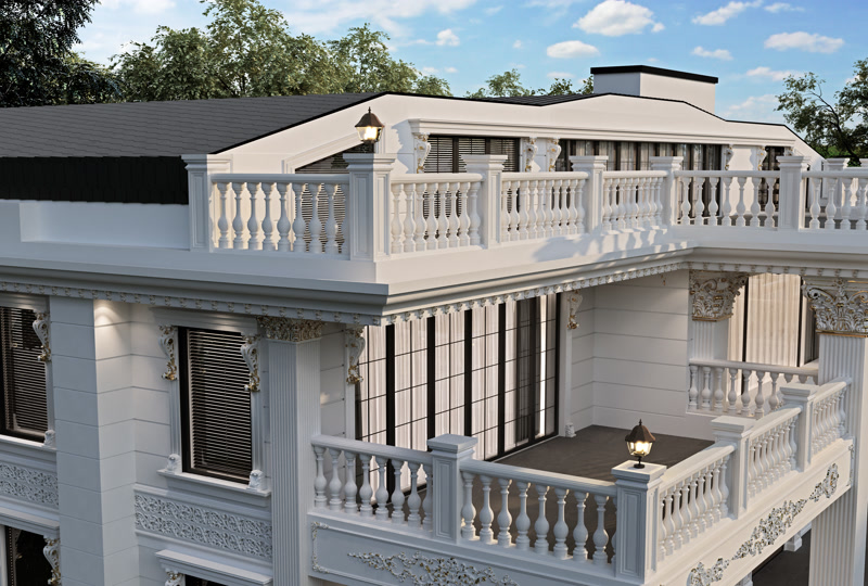 Fațadă albă de vilă cu balustrade din poliuretan, pilaștri decorativi și profilatură clasică pe terasă.