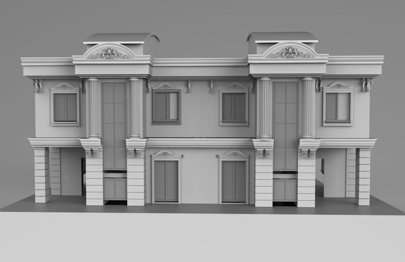 Modelare 3D fațadă vilă clasică cu coloane decorative din poliuretan, ancadramente puncționate și frontoane simetrice.