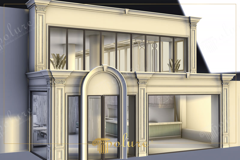 Fațadă de spațiu comercial modern decorată cu pilastri din poliuretan P5040I, ancadramente P1472 și arcadă centrală.
