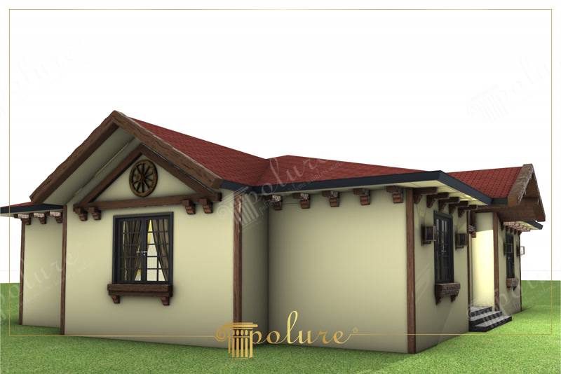 Casă rustică individuală cu fațadă crem și grinzi decorative din poliuretan maro sub streașină și la ferestre.